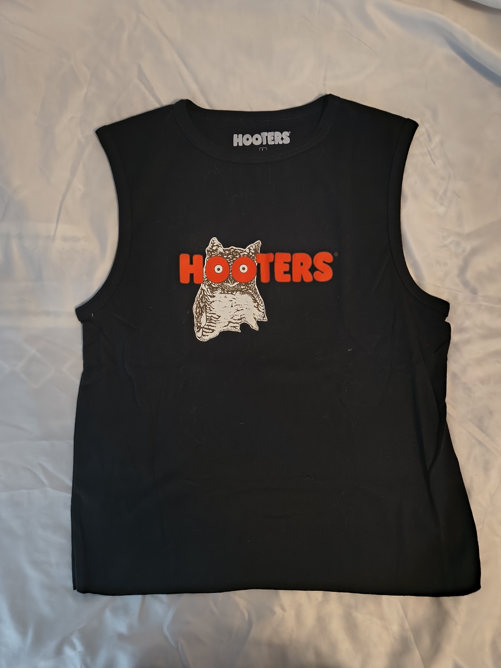 Hooters Black Tank Top with Orange Logo and White Owl Graphic
